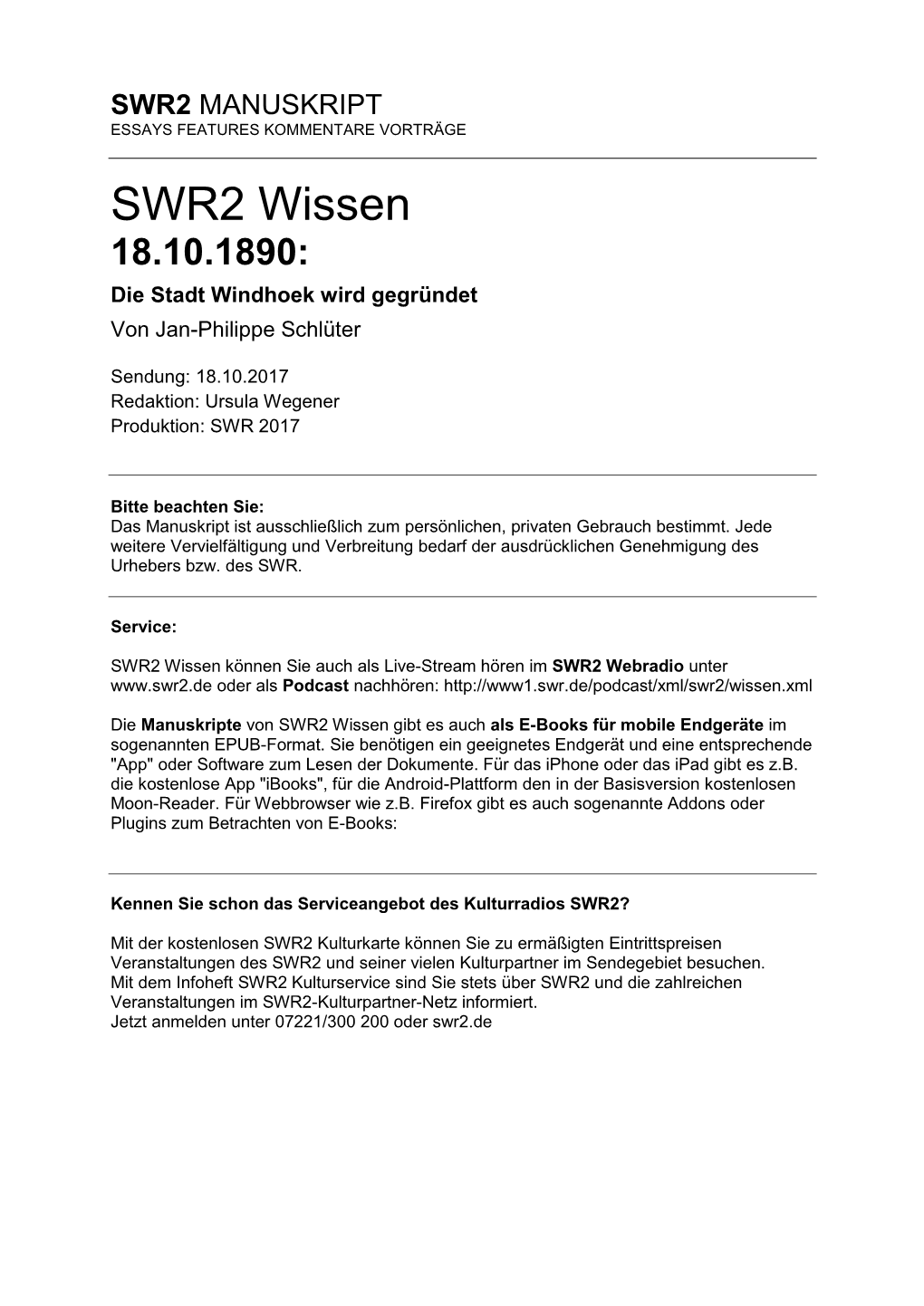 SWR2 Wissen 18.10.1890: Die Stadt Windhoek Wird Gegründet Von Jan-Philippe Schlüter