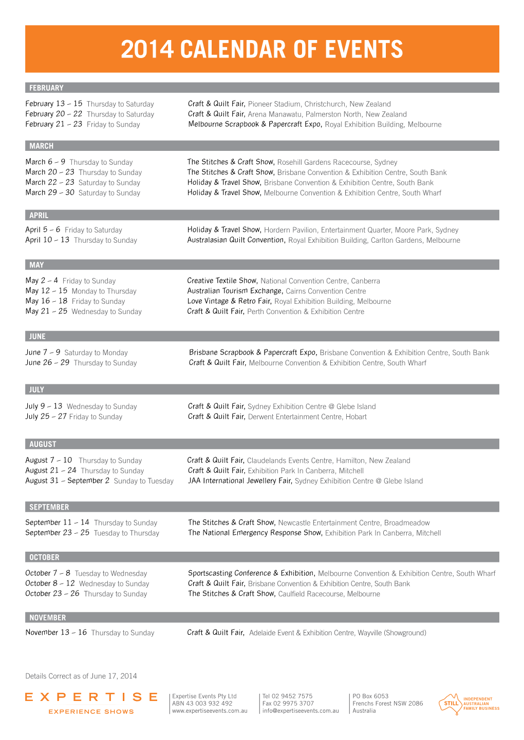 2014 Calendar of Events
