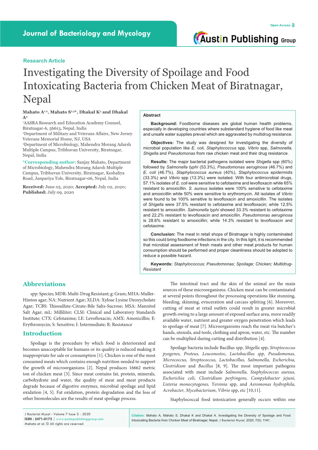 Investigating the Diversity of Spoilage and Food Intoxicating Bacteria from Chicken Meat of Biratnagar, Nepal