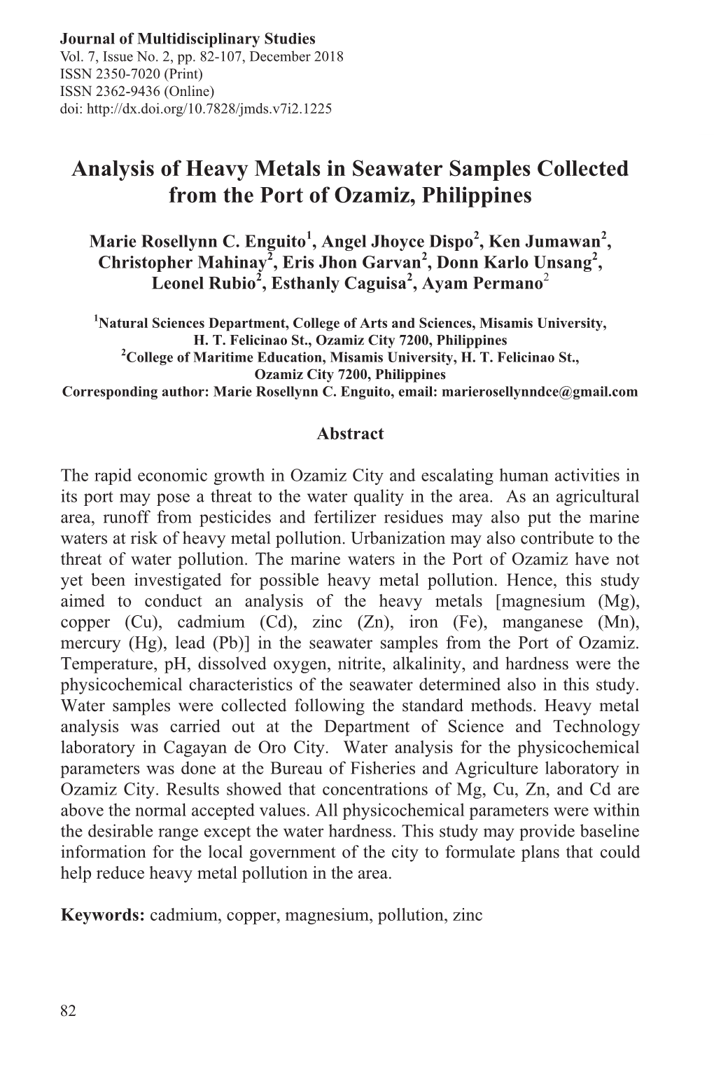 Analysis of Heavy Metals in Seawater Samples Collected from the Port of Ozamiz, Philippines