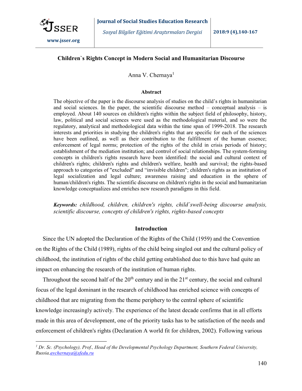 140 Children`S Rights Concept in Modern Social and Humanitarian