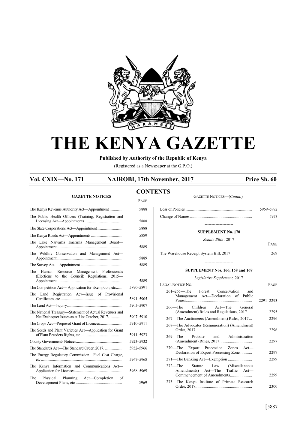 THE KENYA GAZETTE Published by Authority of the Republic of Kenya (Registered As a Newspaper at the G.P.O.)