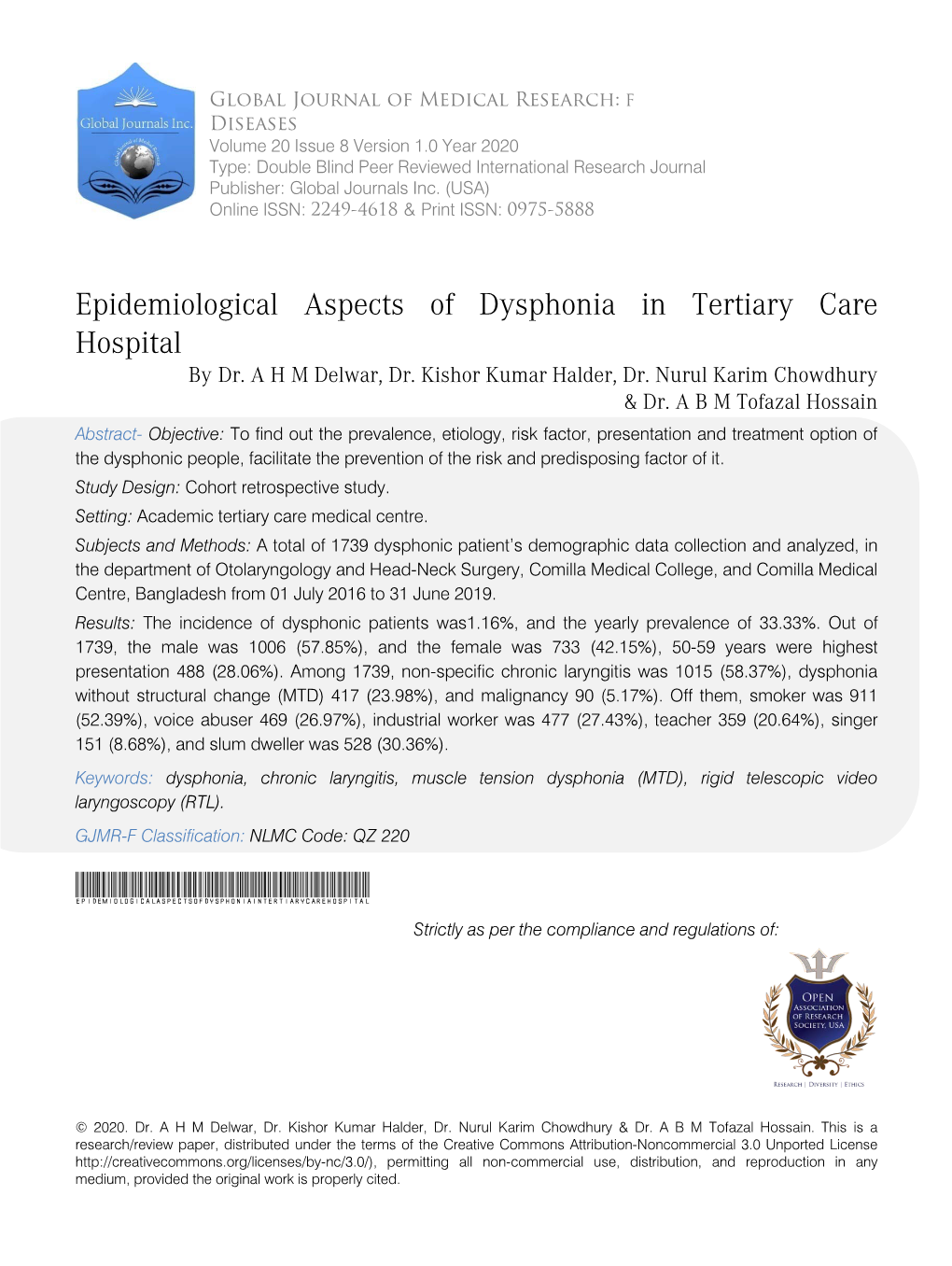 Epidemiological Aspects of Dysphonia in Tertiary Care Hospital by Dr