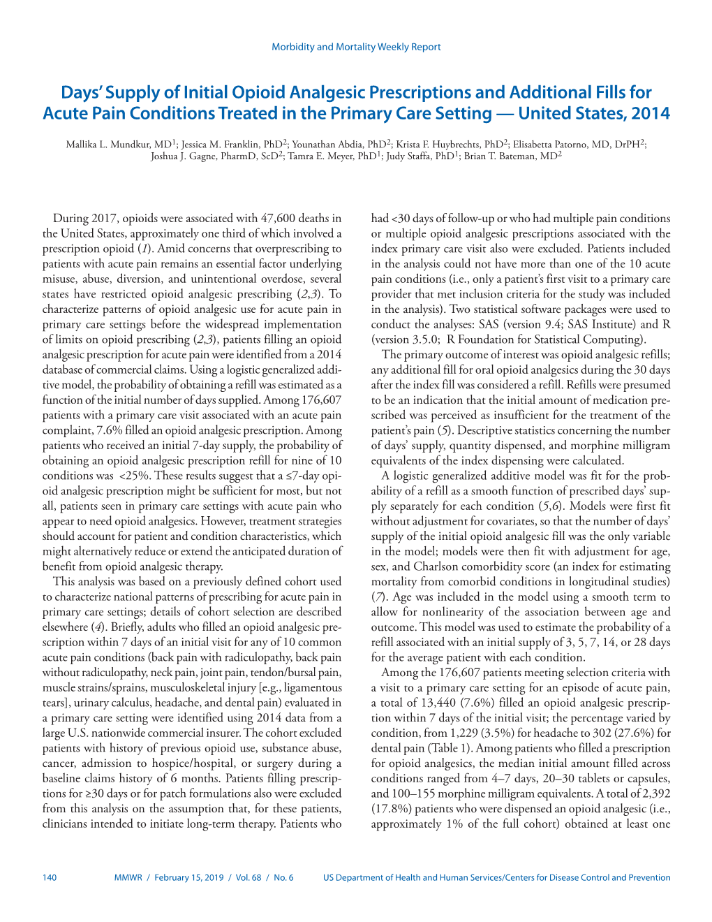 Days' Supply of Initial Opioid Analgesic Prescriptions And