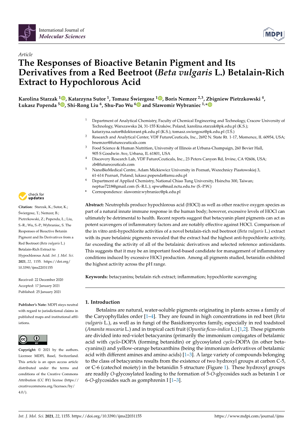 The Responses of Bioactive Betanin Pigment and Its Derivatives from a Red Beetroot (Beta Vulgaris L.) Betalain-Rich Extract to Hypochlorous Acid