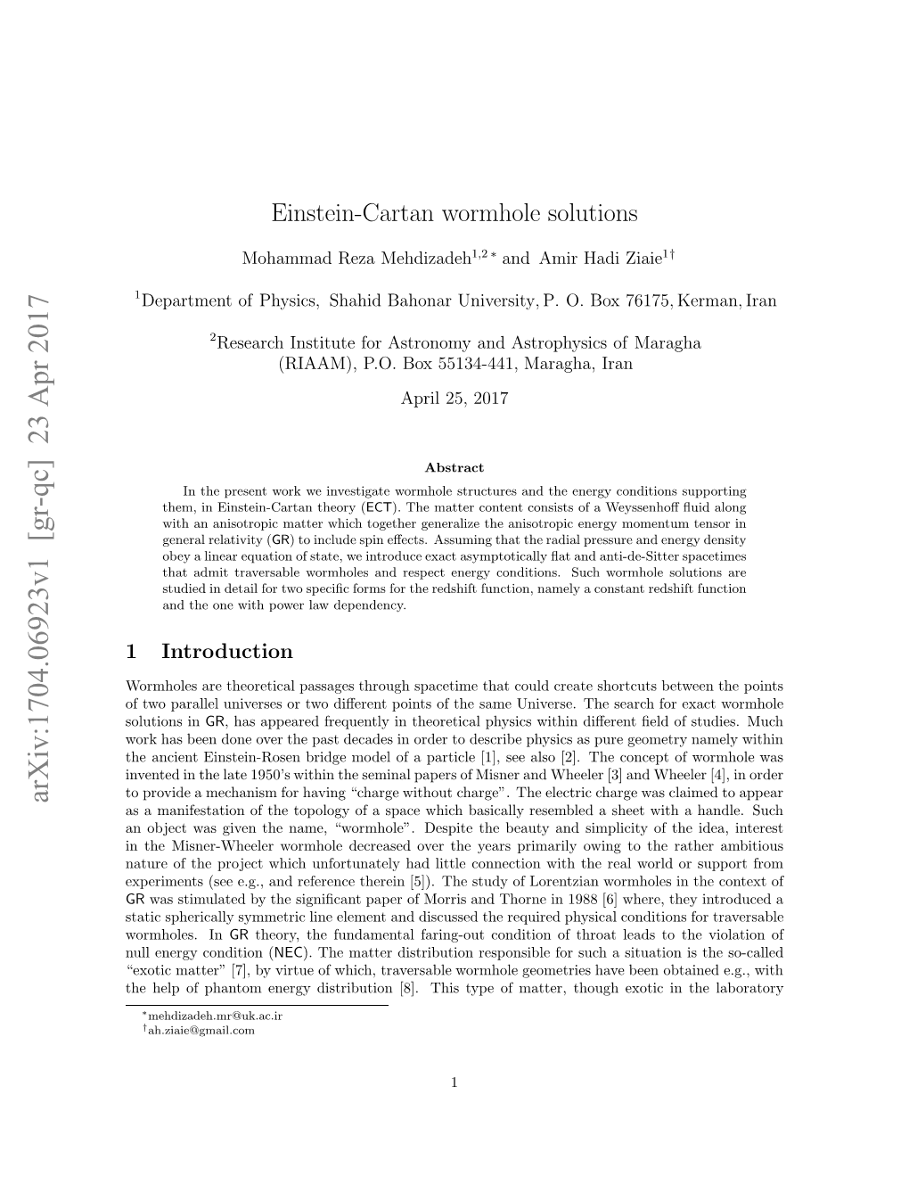 Einstein-Cartan Wormhole Solutions