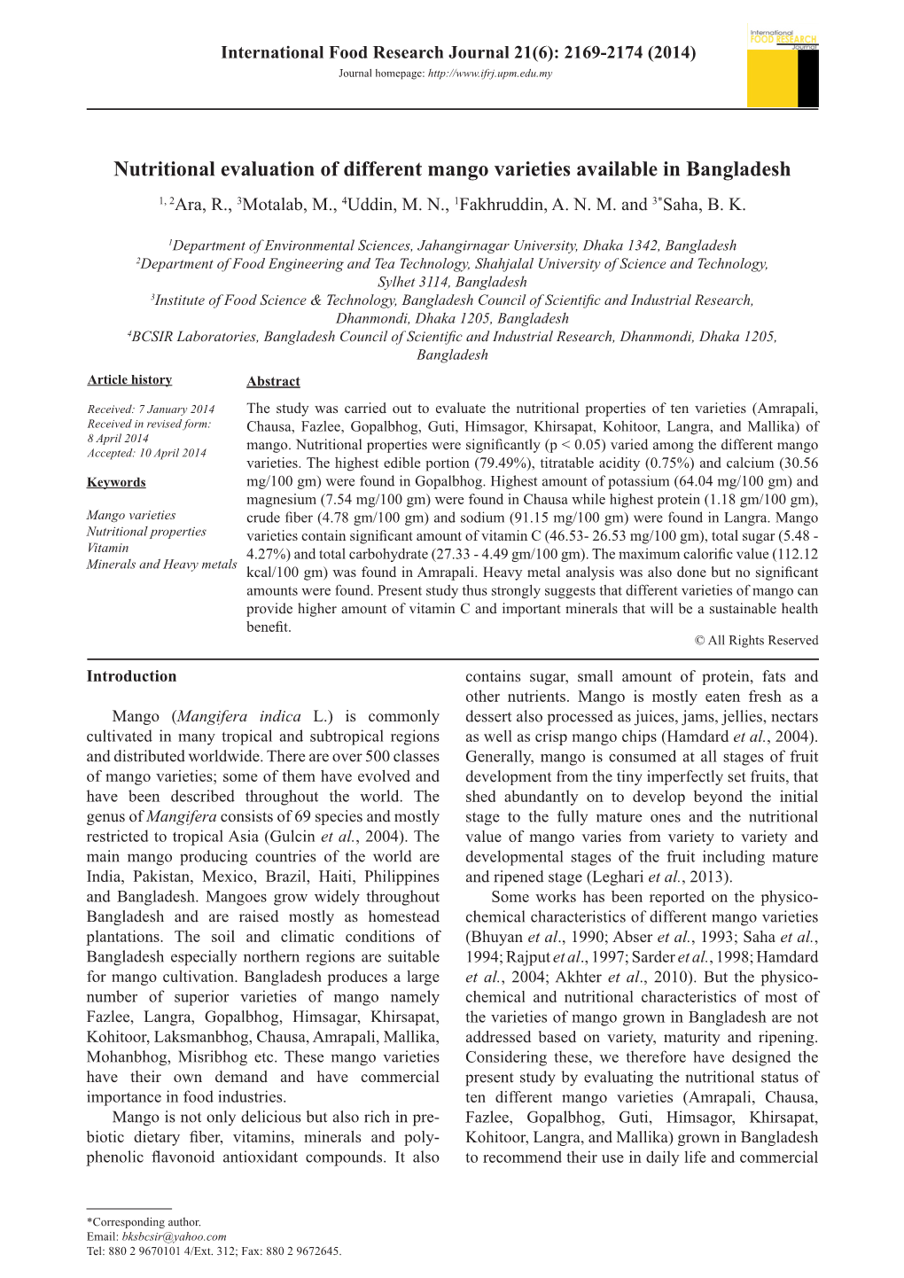 Nutritional Evaluation of Different Mango Varieties Available in Bangladesh 1, 2Ara, R., 3Motalab, M., 4Uddin, M