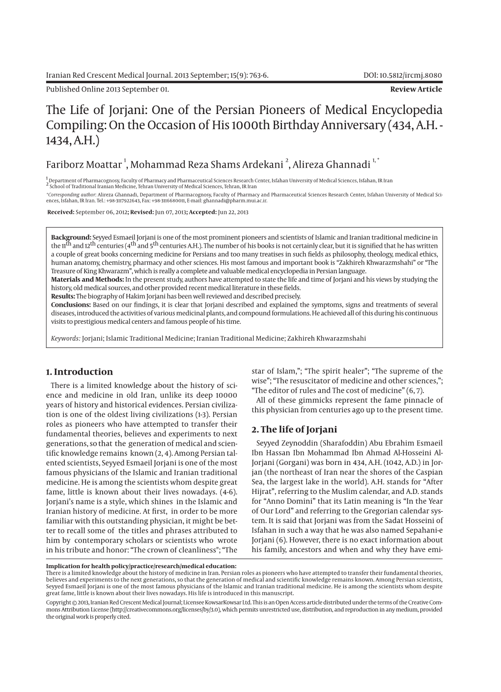 The Life of Jorjani: One of the Persian Pioneers of Medical Encyclopedia Compiling: on the Occasion of His 1000Th Birthday Anniversary (434, A.H