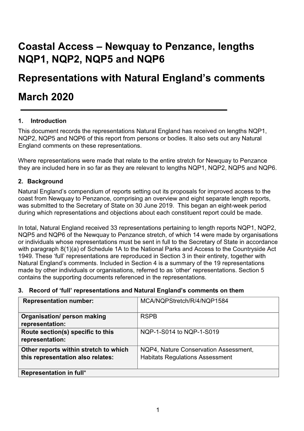 Coastal Access – Newquay to Penzance, Lengths NQP1, NQP2, NQP5 and NQP6 Representations with Natural England’S Comments