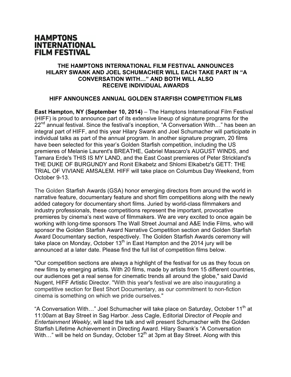 The Hamptons International Film Festival Announces