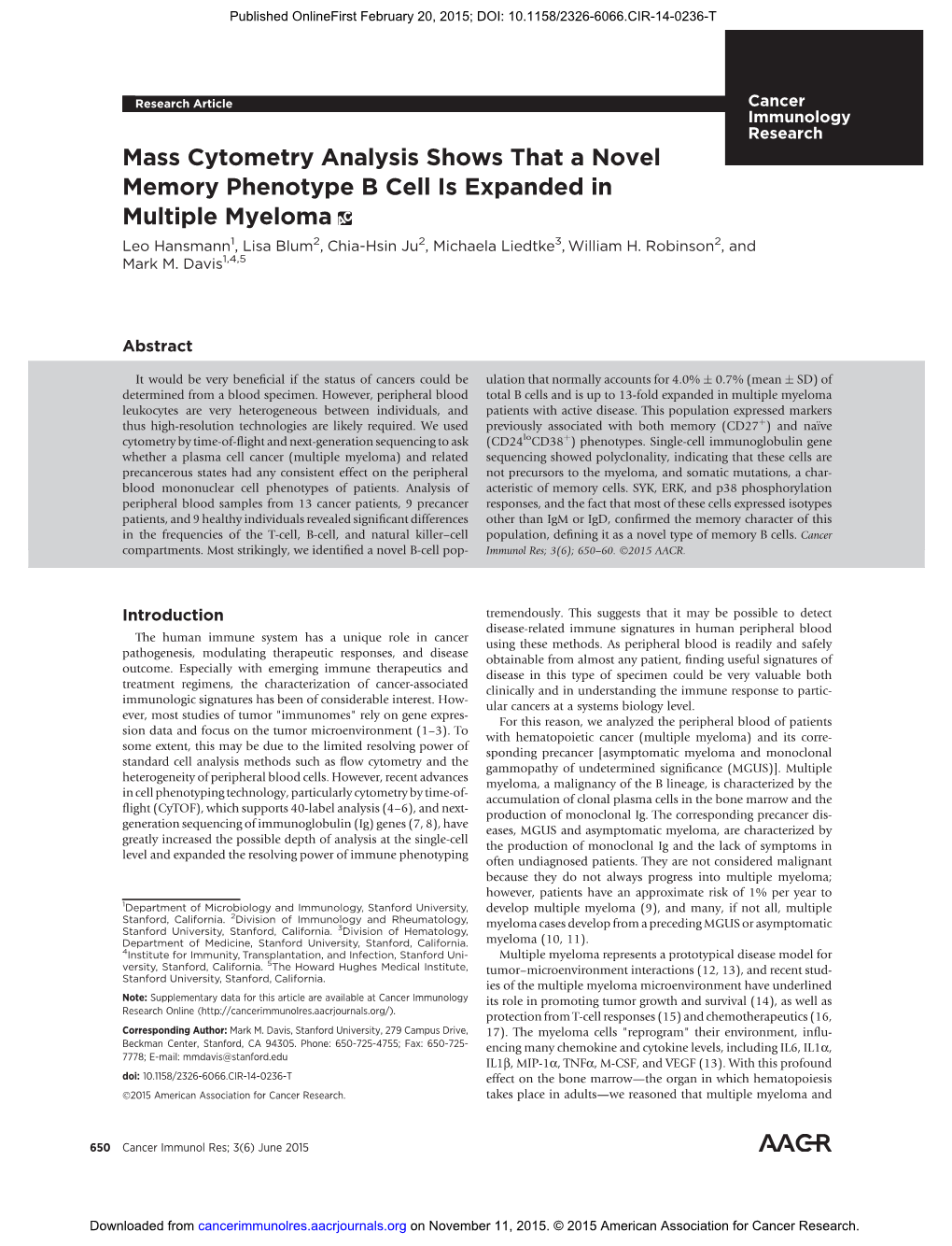 Mass Cytometry Analysis Shows That a Novel Memory Phenotype B Cell Is Expanded in Multiple Myeloma