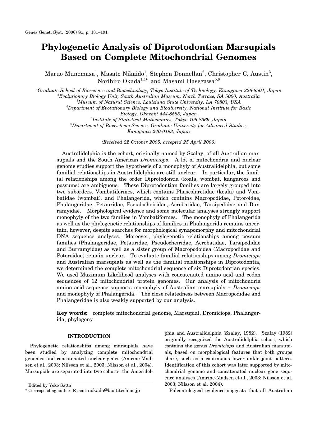 Phylogenetic Analysis of Diprotodontian Marsupials Based on Complete Mitochondrial Genomes