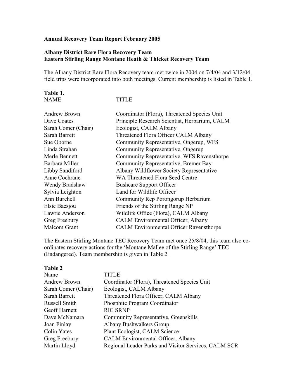 Annual Recovery Team Report February 2005