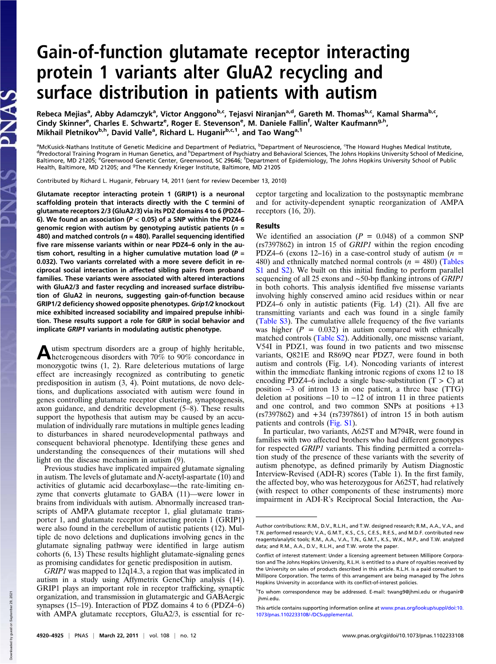 Gain-Of-Function Glutamate Receptor Interacting Protein 1 Variants Alter Glua2 Recycling and Surface Distribution in Patients with Autism