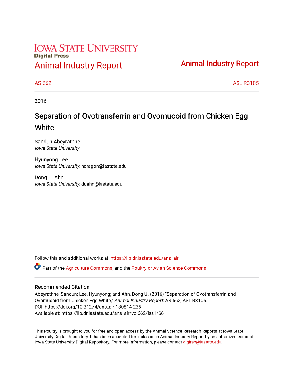 Separation of Ovotransferrin and Ovomucoid from Chicken Egg White