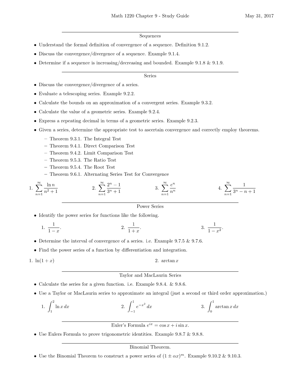 Math 1220 Chapter 9 - Study Guide May 31, 2017