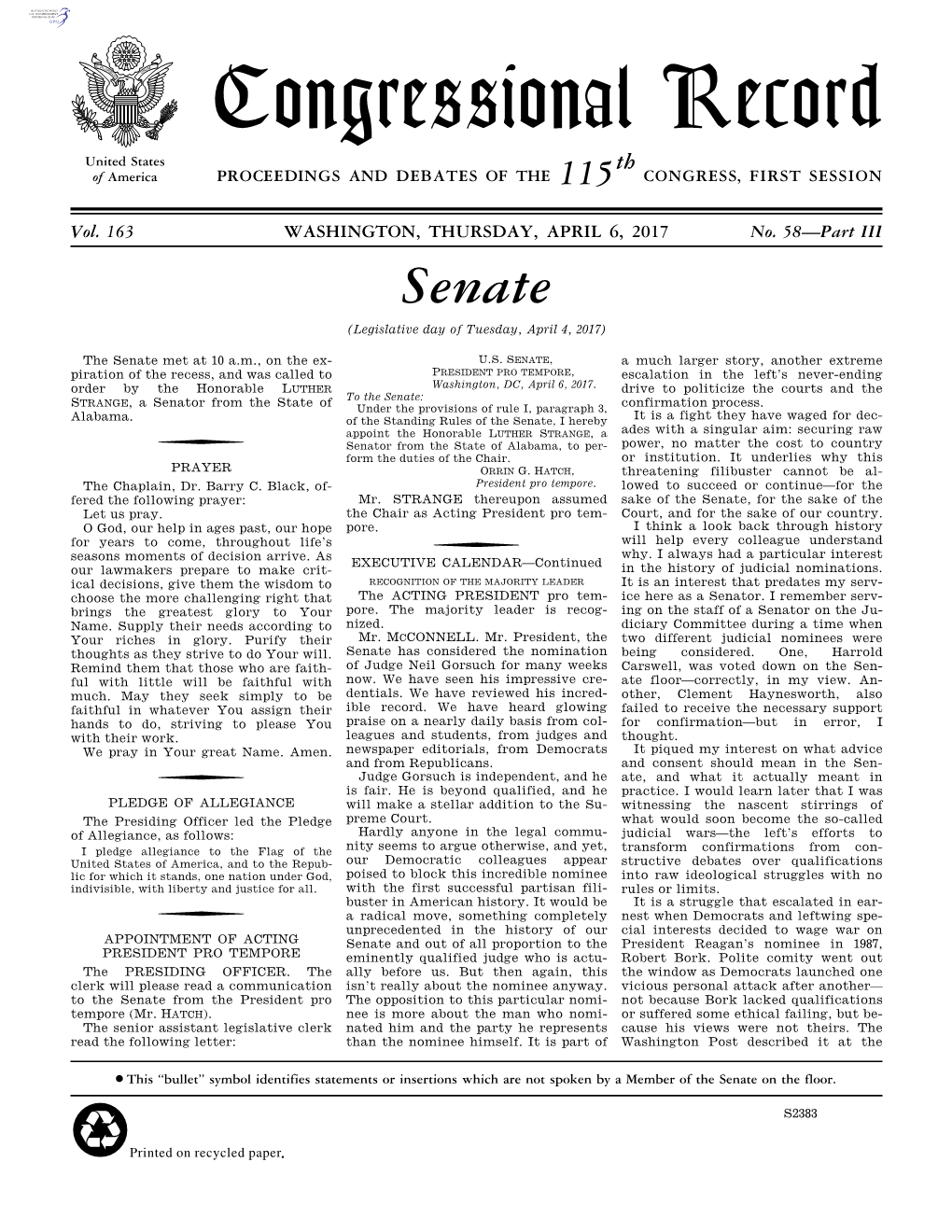 Congressional Record United States Th of America PROCEEDINGS and DEBATES of the 115 CONGRESS, FIRST SESSION