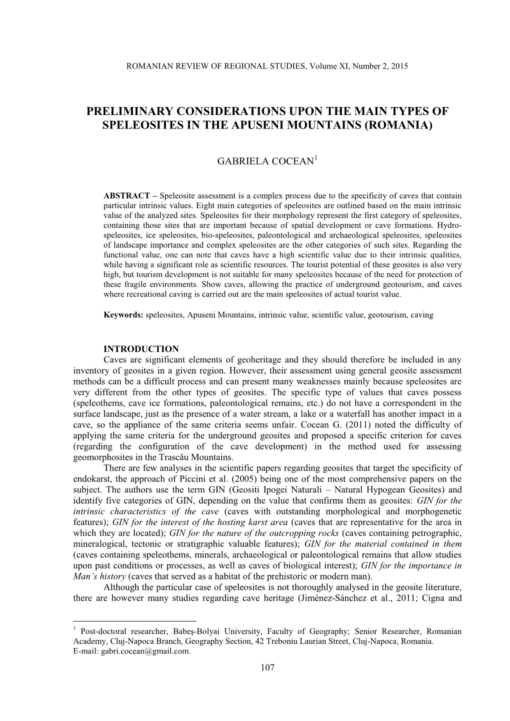 Preliminary Considerations Upon the Main Types of Speleosites in the Apuseni Mountains (Romania)
