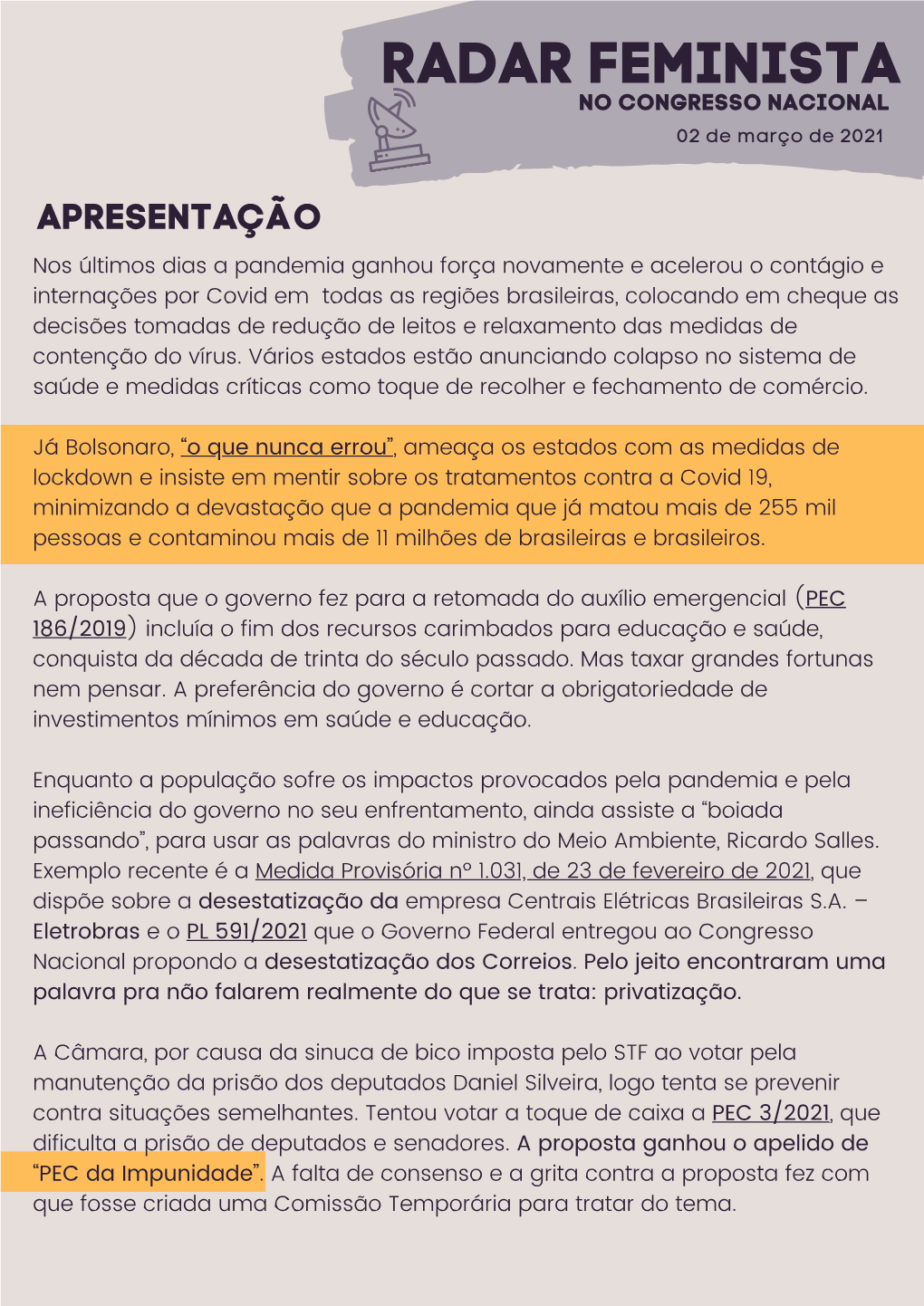 RADAR FEMINISTA NO CONGRESSO NACIONAL 02 De Março De 2021