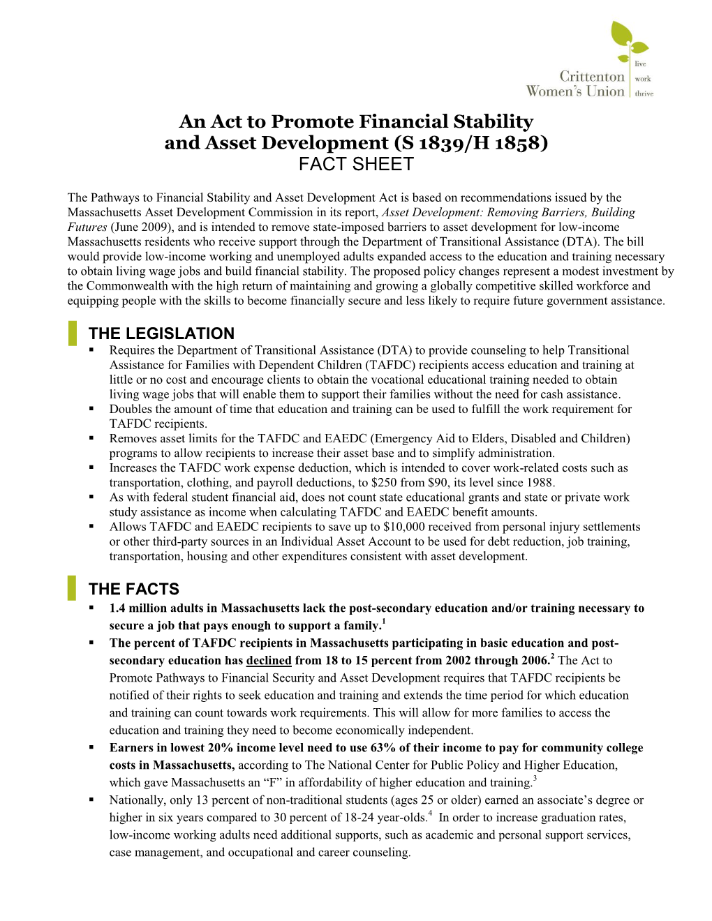 An Act to Promote Financial Stability and Asset Development (S 1839/H 1858) FACT SHEET