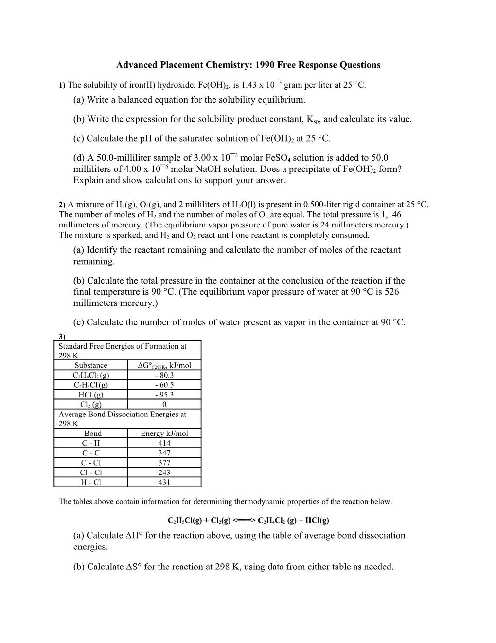 Advanced Placement Chemistry: 1990 Free Response Questions