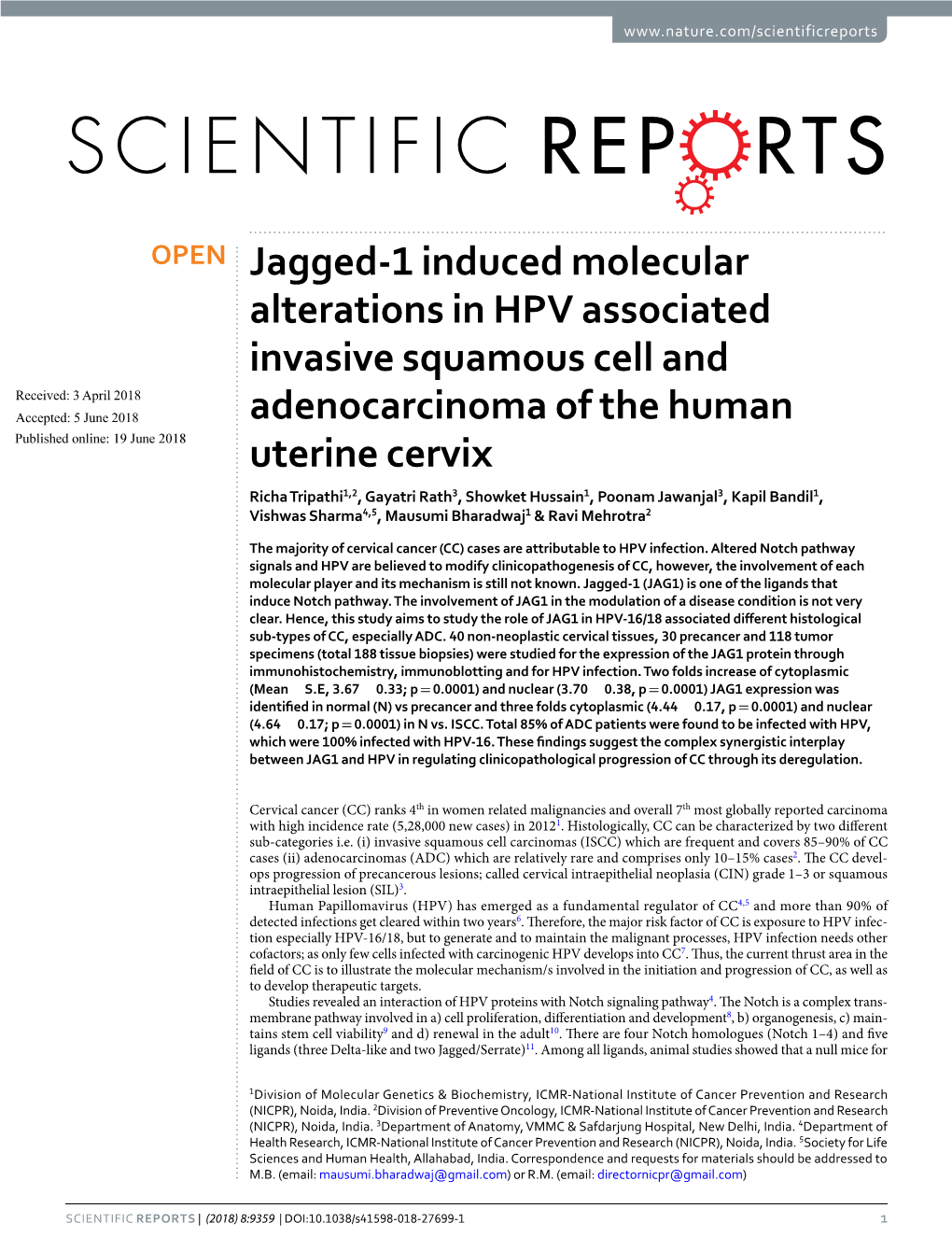 Jagged-1 Induced Molecular Alterations in HPV Associated Invasive Squamous Cell and Adenocarcinoma of the Human Uterine Cervix