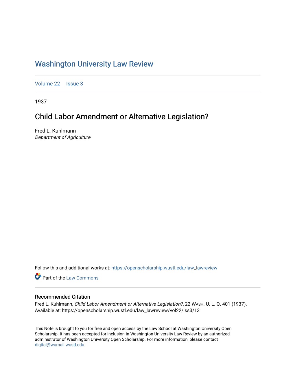 Child Labor Amendment Or Alternative Legislation?