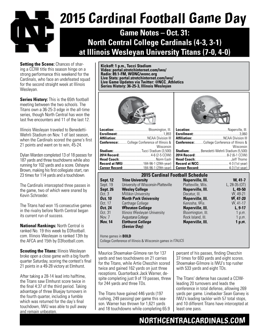 2015 Cardinal Football Game Day Game Notes – Oct