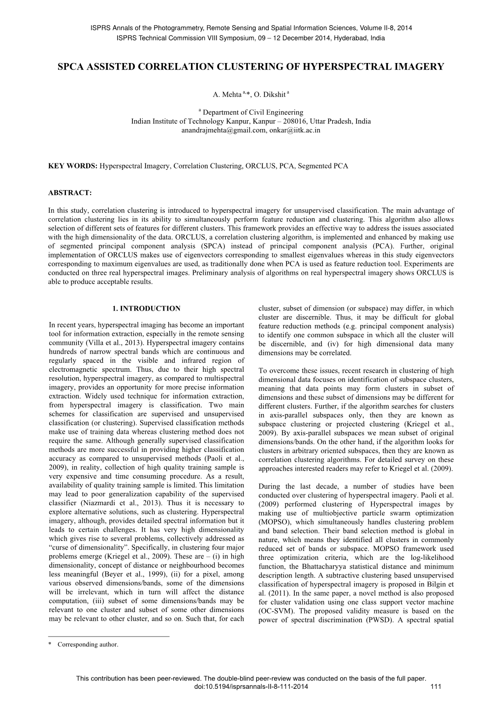 Spca Assisted Correlation Clustering of Hyperspectral Imagery