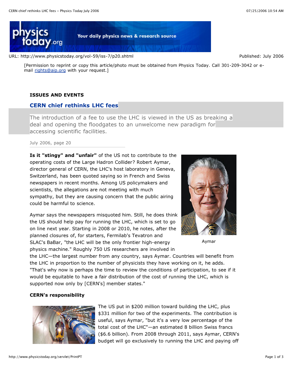 CERN Chief Rethinks LHC Fees - Physics Today July 2006 07/25/2006 10:54 AM