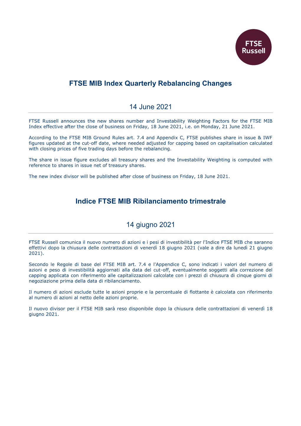 FTSE MIB Index Quarterly Rebalancing Changes 14 June