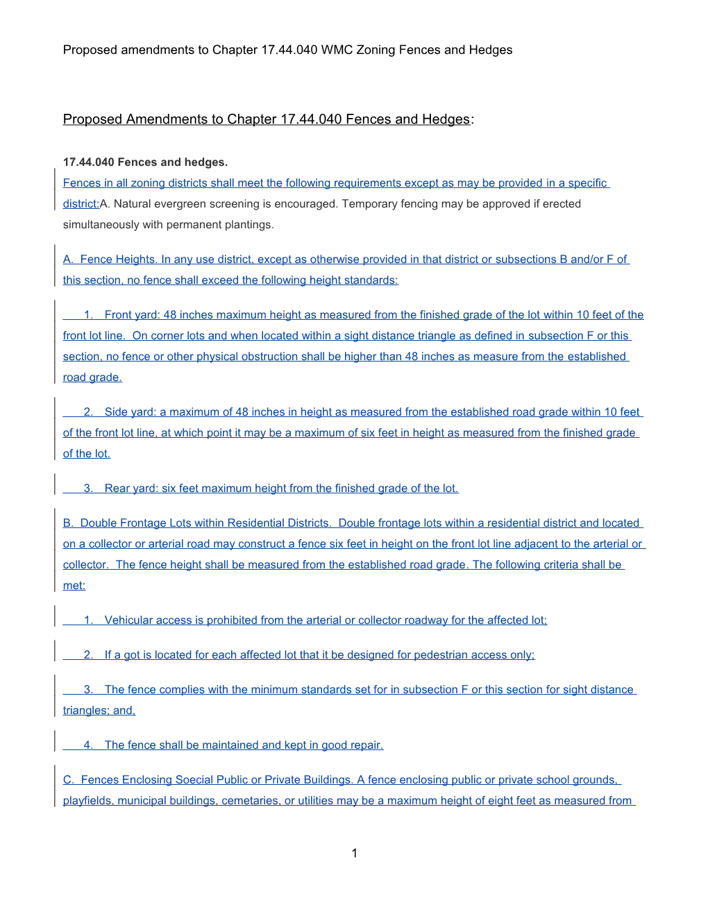 Proposed Amendments to Chapter 17.44.040 WMC Zoning Fences and Hedges