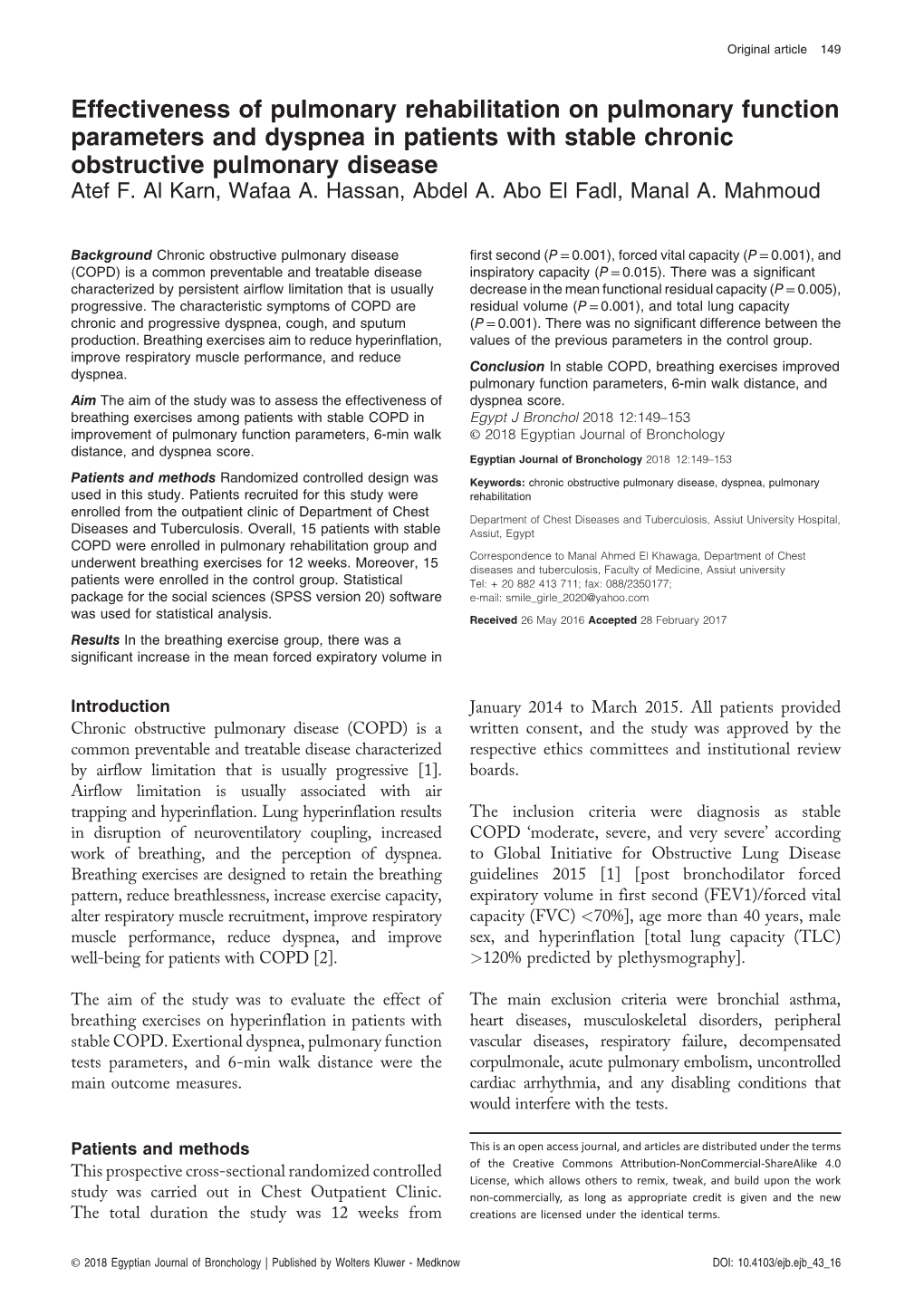 Effectiveness of Pulmonary Rehabilitation on Pulmonary Function Parameters and Dyspnea in Patients with Stable Chronic Obstructive Pulmonary Disease Atef F