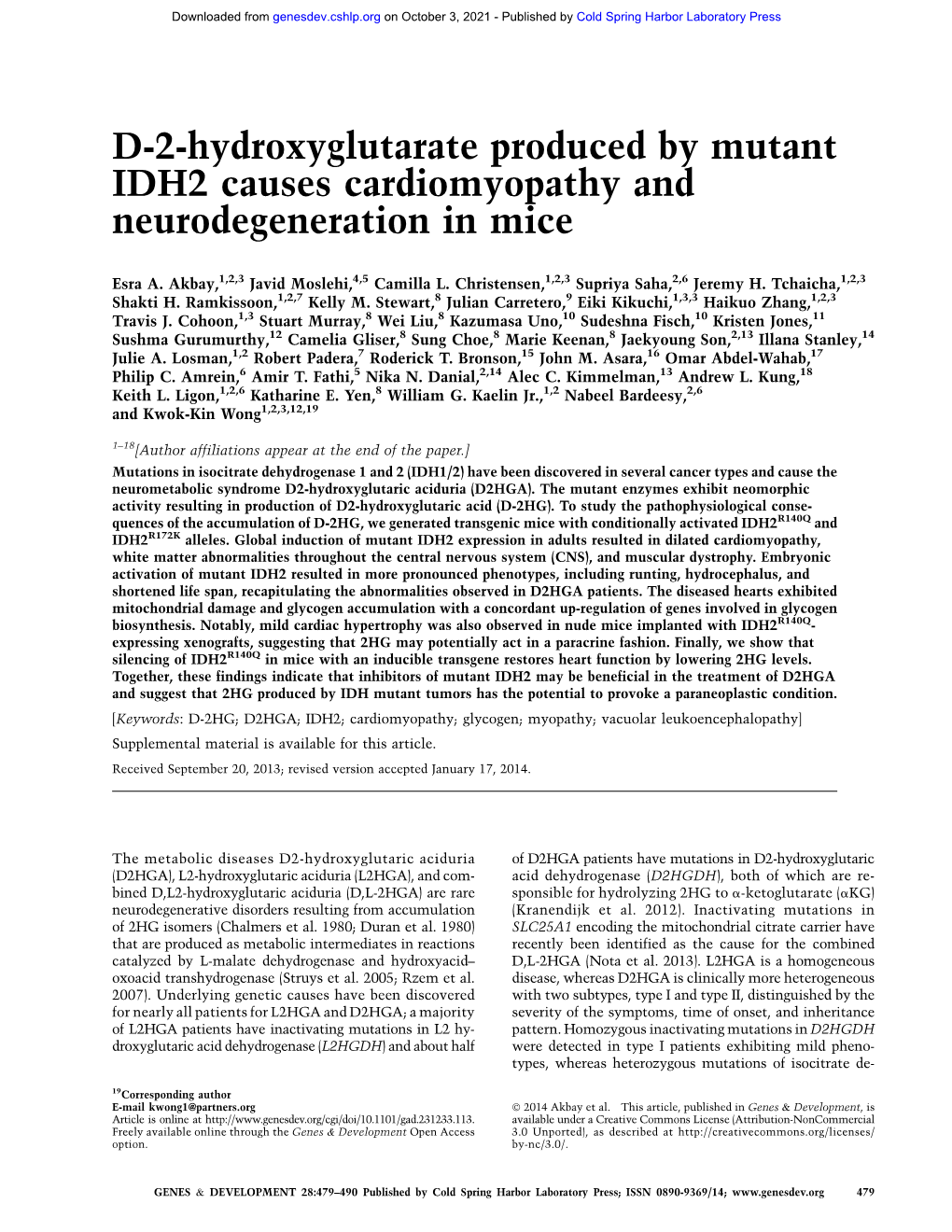 D-2-Hydroxyglutarate Produced by Mutant IDH2 Causes Cardiomyopathy and Neurodegeneration in Mice