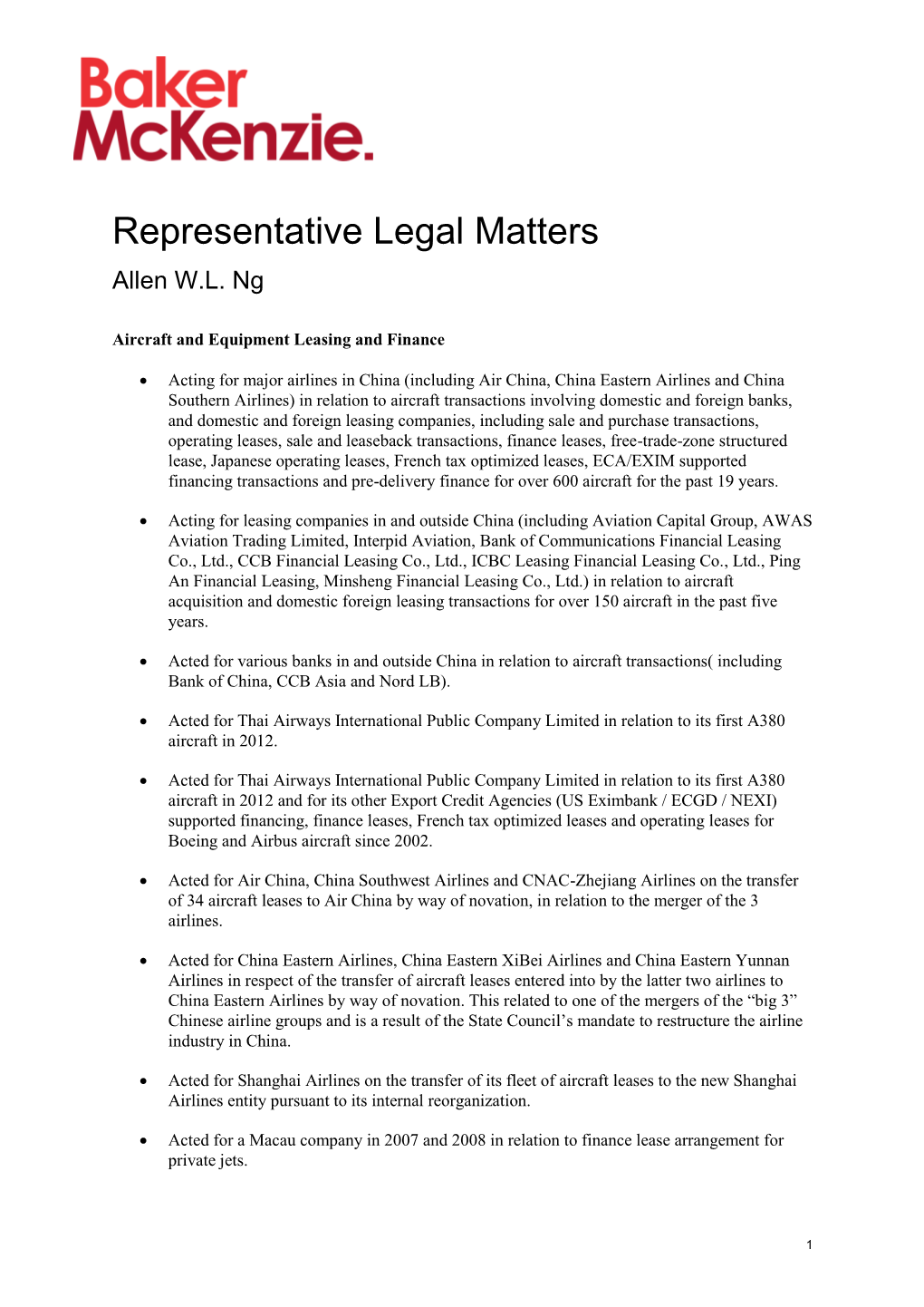 Representative Legal Matters Allen W.L