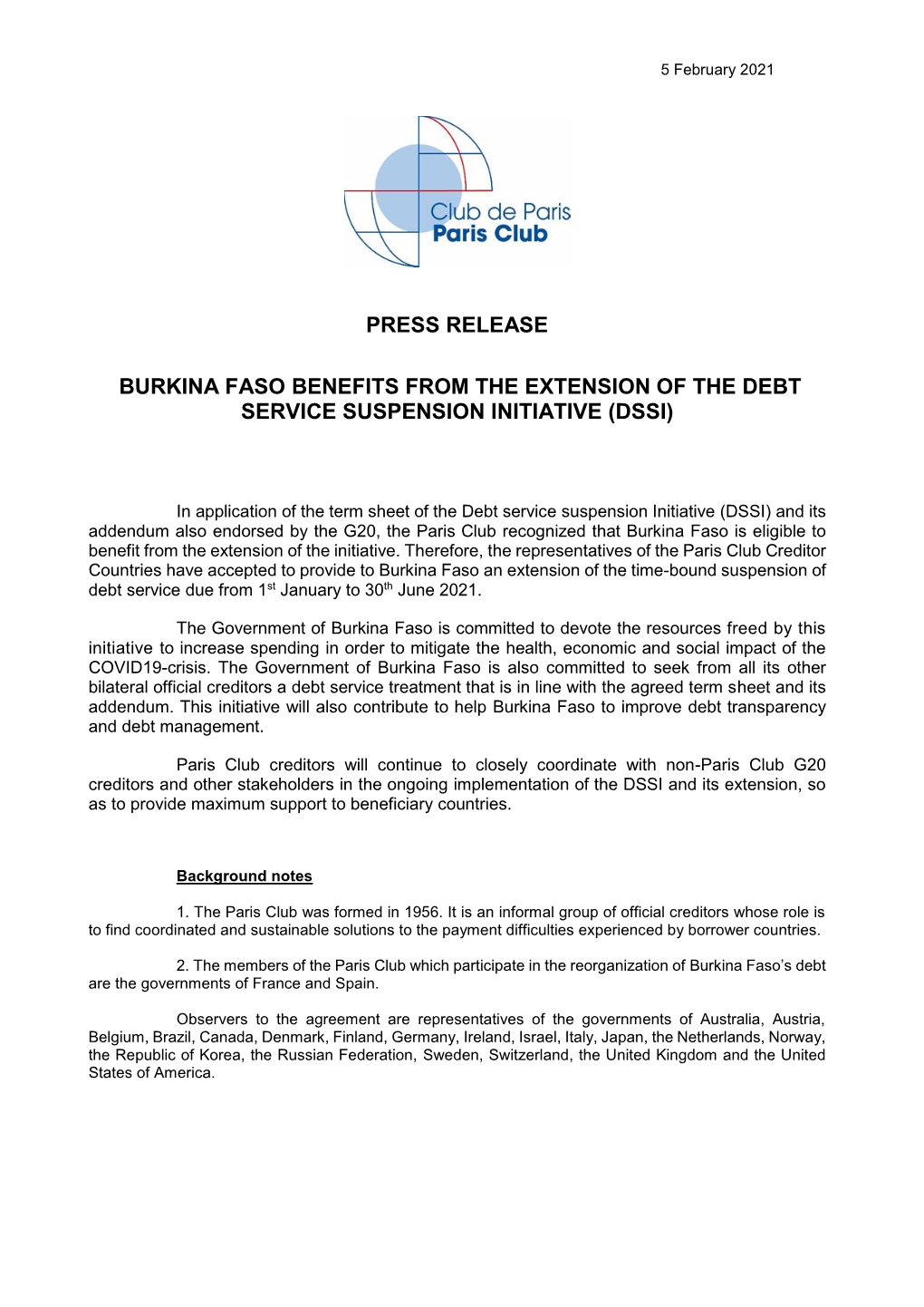 Page 1 5 February 2021 PRESS RELEASE BURKINA FASO