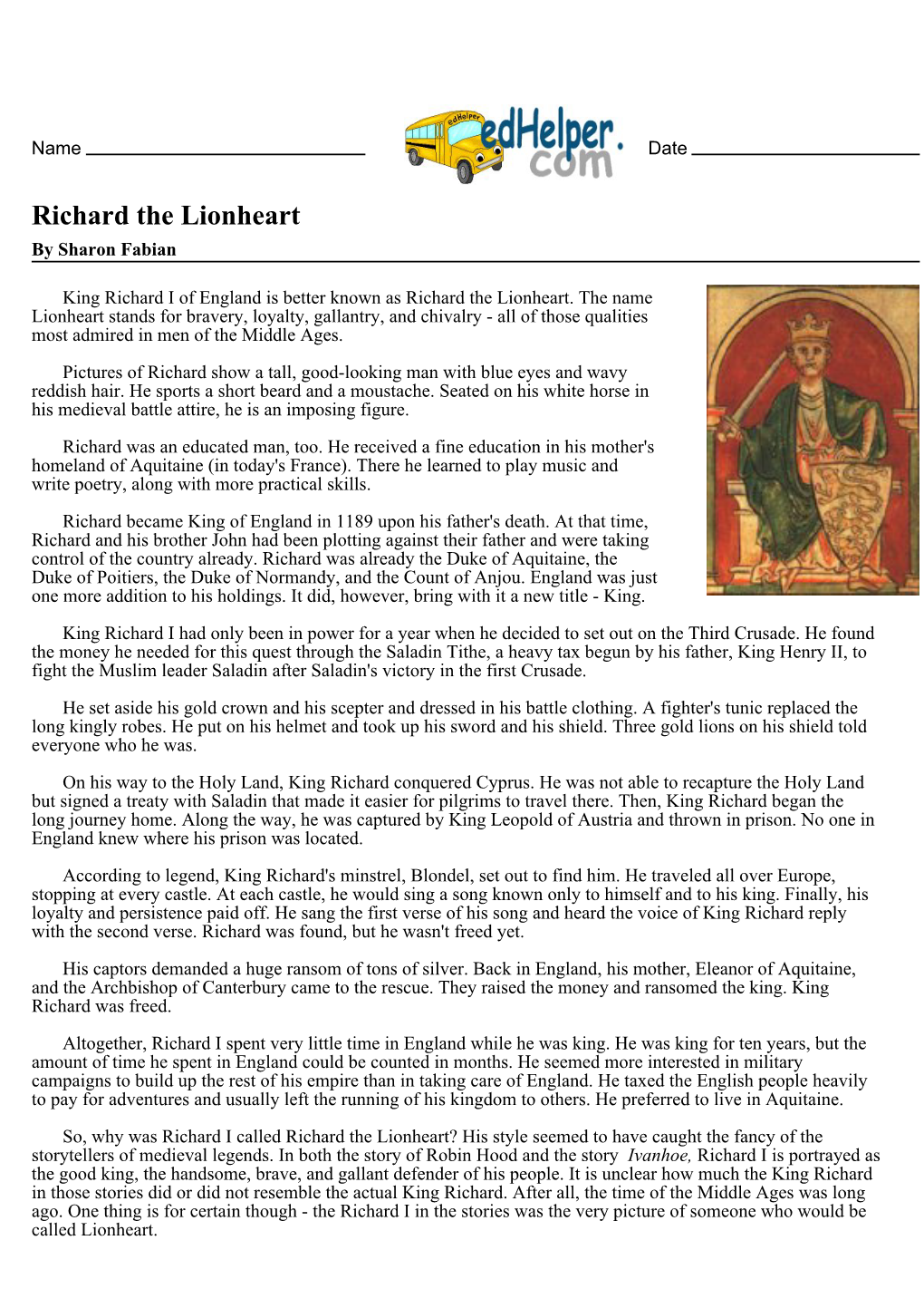 Richard the Lionheart by Sharon Fabian