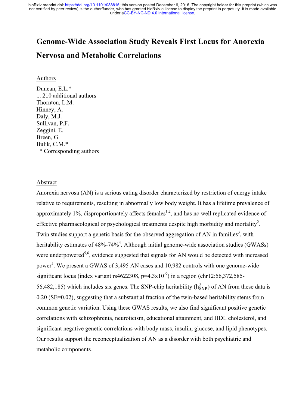 Genome-Wide Association Study Reveals First Locus for Anorexia Nervosa and Metabolic Correlations