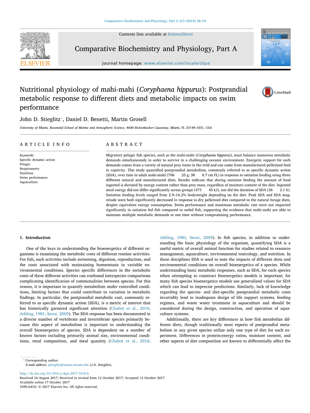 Nutritional Physiology of Mahi-Mahi (Coryphaena Hippurus): Postprandial 0$5