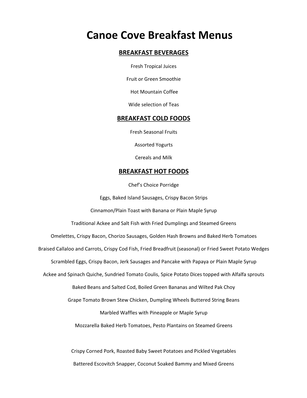 Canoe Cove Breakfast Menus