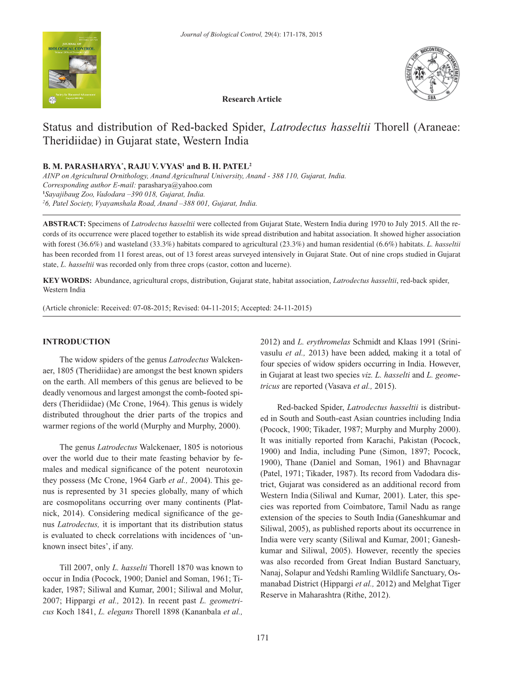 Status and Distribution of Red-Backed Spider, Latrodectus Hasseltii Thorell (Araneae: Theridiidae) in Gujarat State, Western India