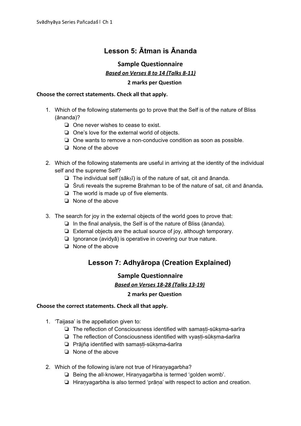 Lesson 5: Ātman Is Ānanda Sample Questionnaire Lesson 7