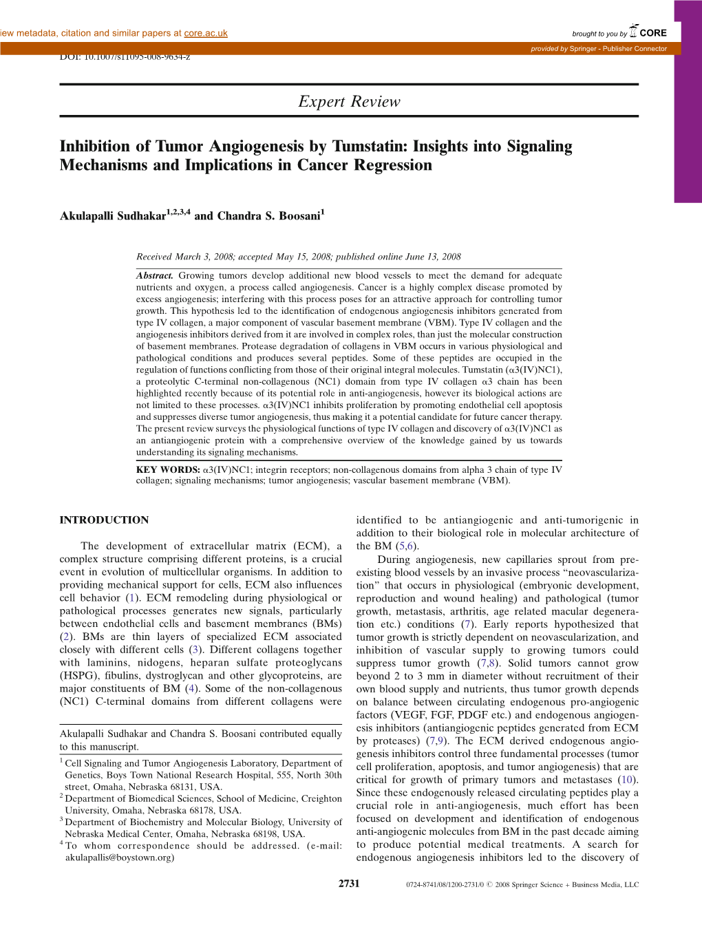 Expert Review Inhibition of Tumor Angiogenesis by Tumstatin