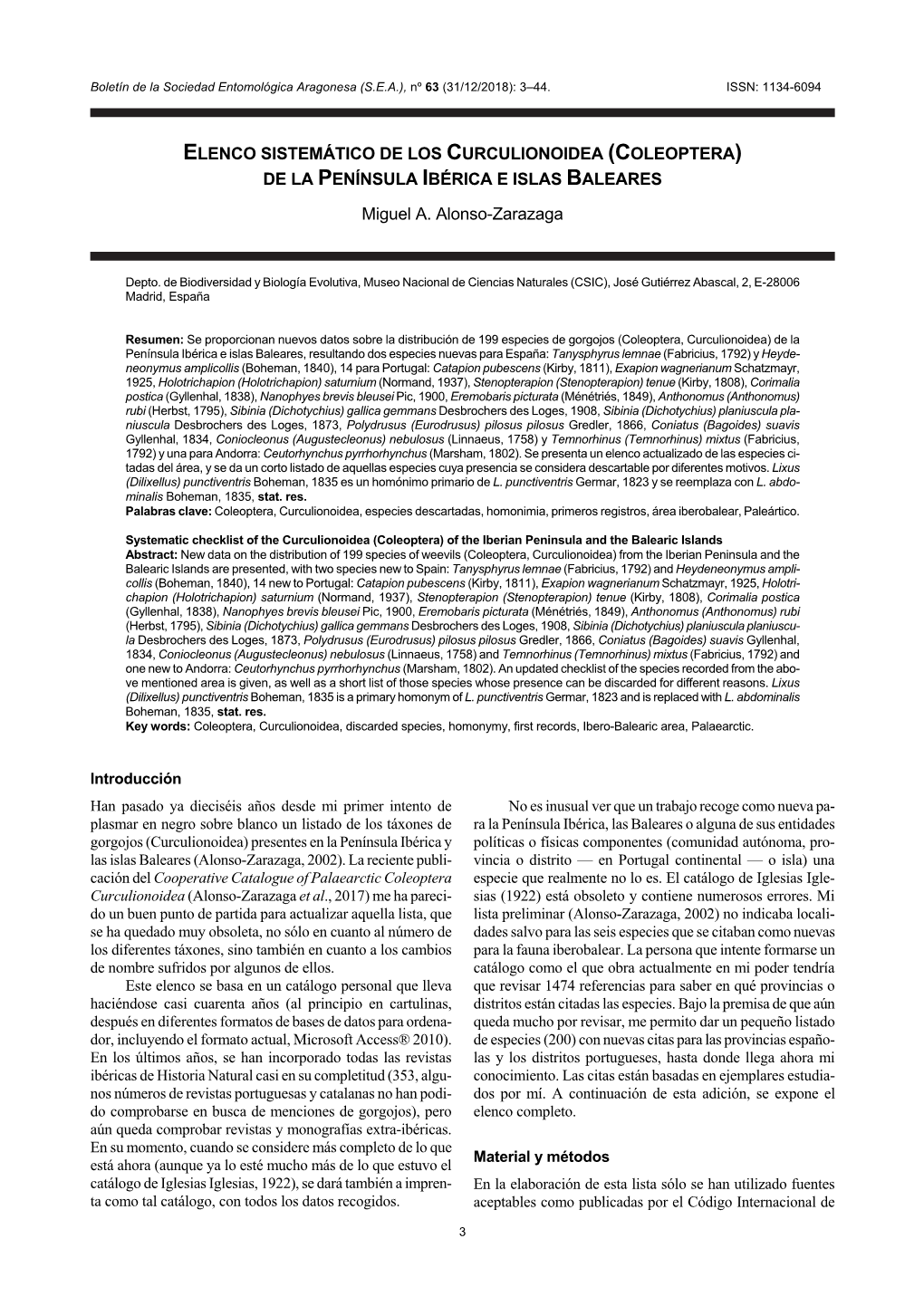 Elenco Sistemático De Los Curculionoidea (Coleoptera) De La Península Ibérica E Islas Baleares