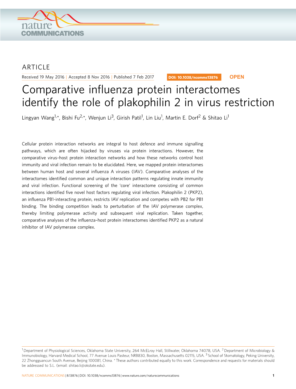 Comparative Influenza Protein Interactomes Identify the Role Of