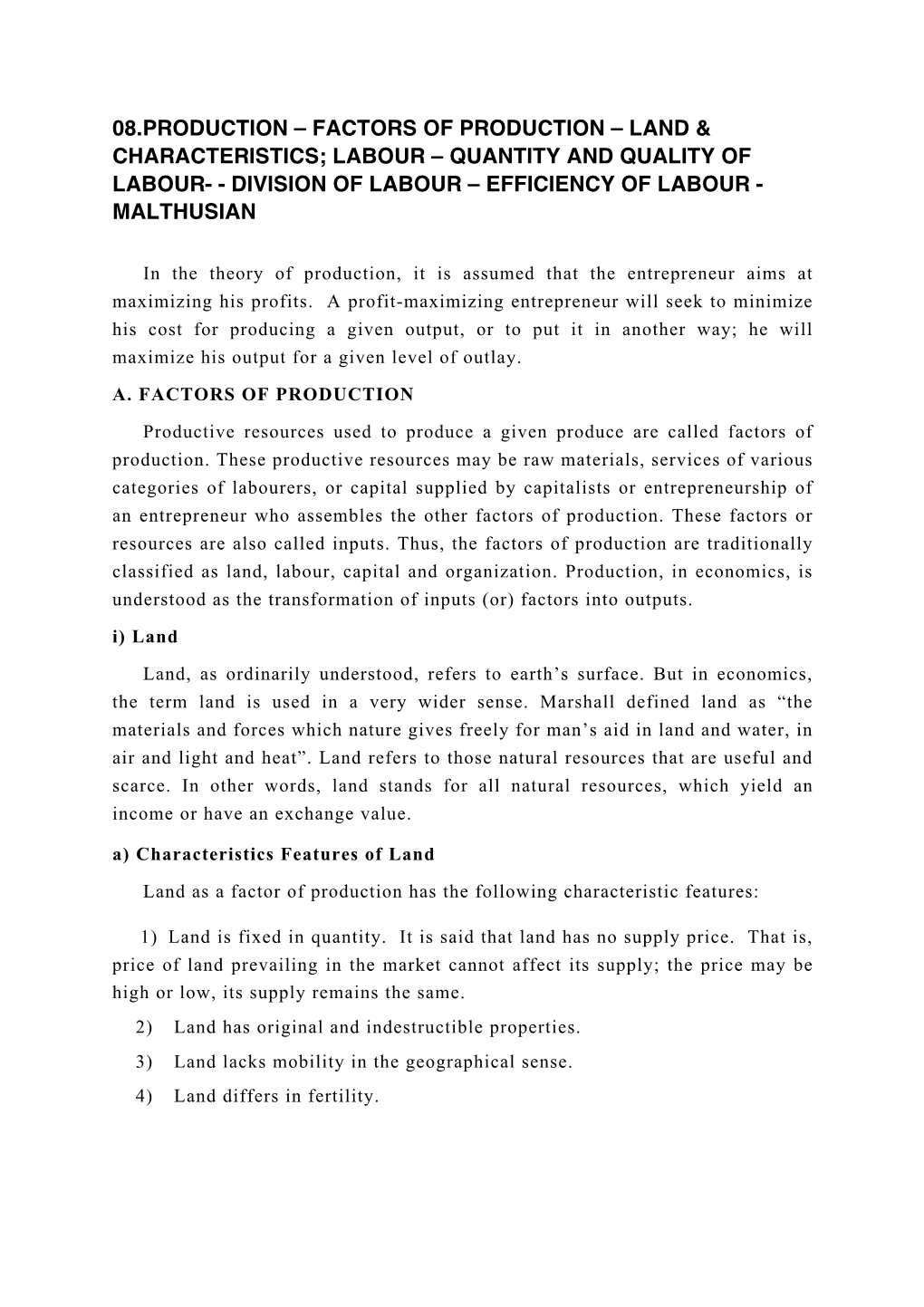 Factors of Production – Land & Characteristics