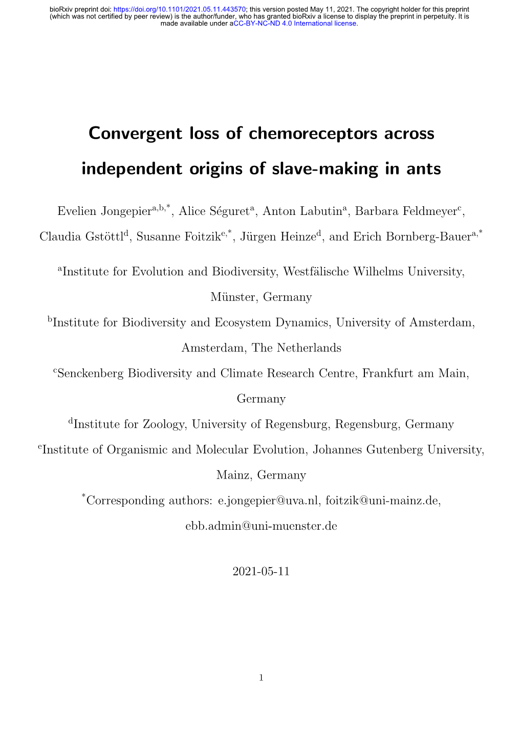 Convergent Loss of Chemoreceptors Across Independent Origins of Slave-Making in Ants