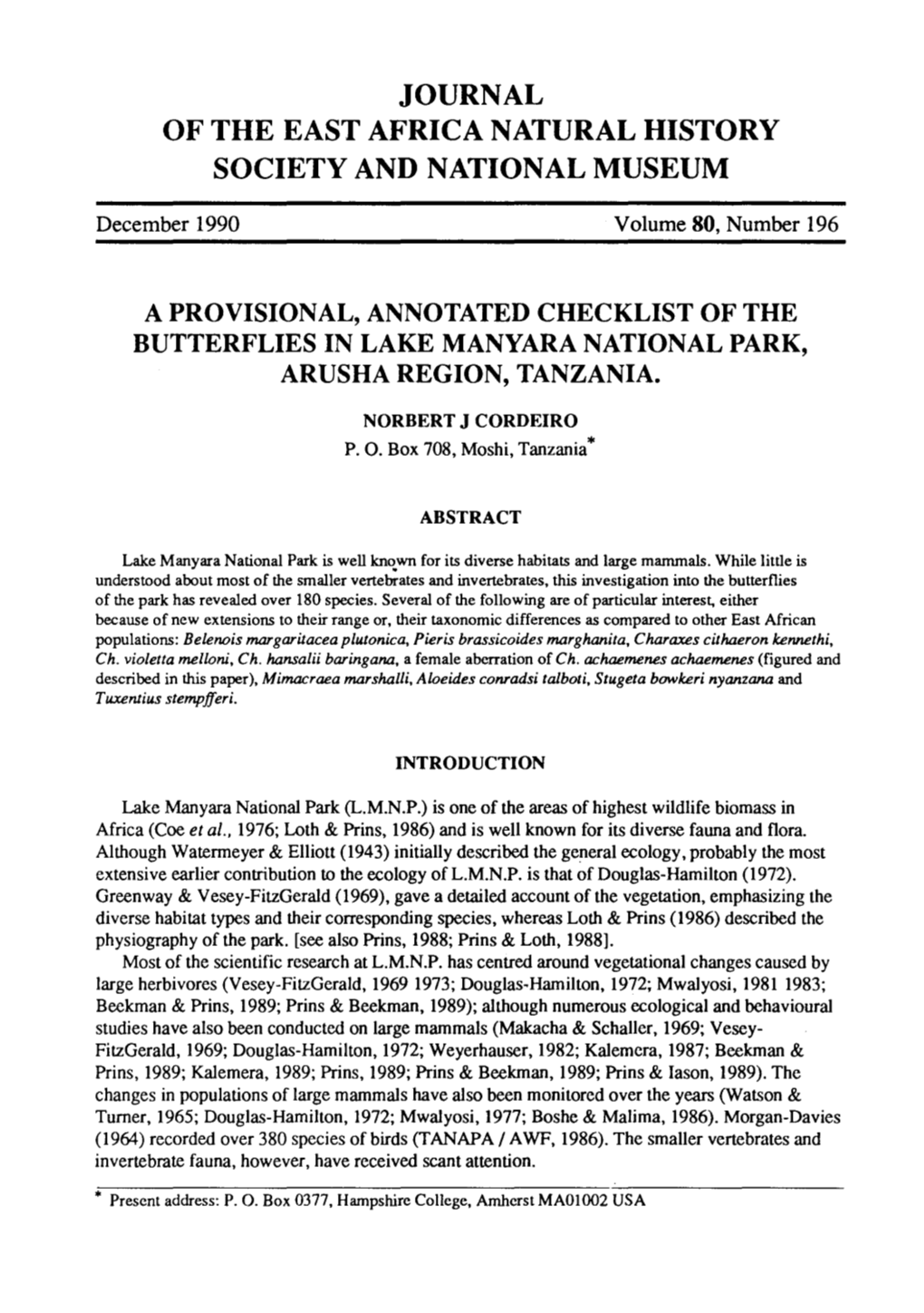 A Provisional, Annotated Checklist of the Butterflies in Lake Manyara National Park, Arusha Region, Tanzania
