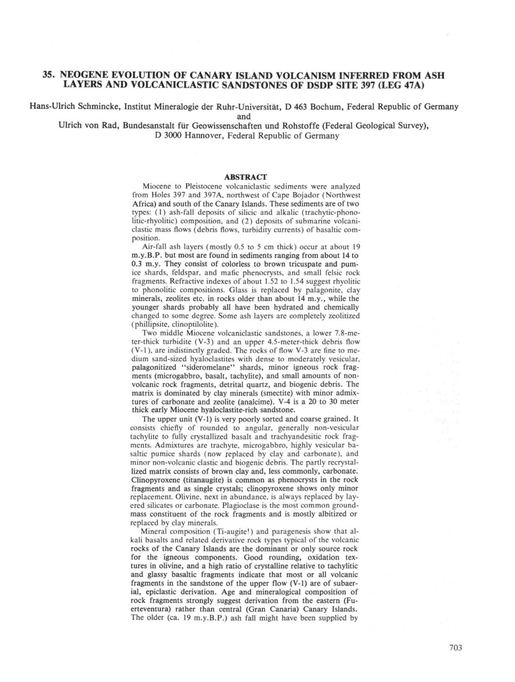 35. Neogene Evolution of Canary Island Volcanism Inferred from Ash Layers and Volcaniclastic Sandstones of Dsdp Site 397 (Leg 47A)