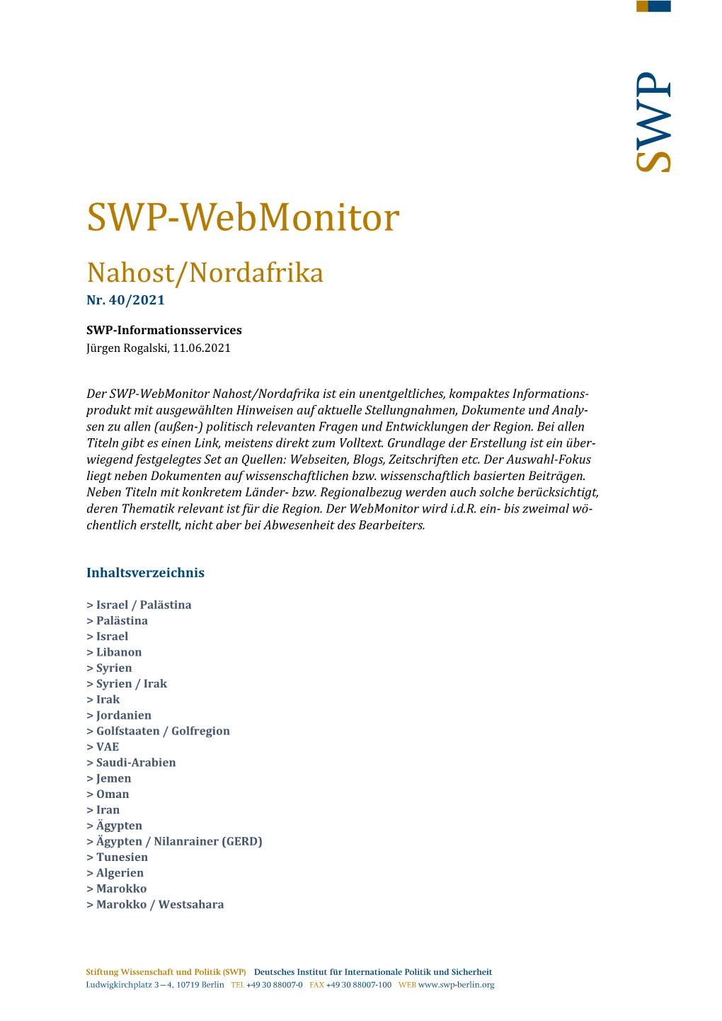 SWP-Webmonitor Nahost/Nordafrika Nr. 40/2021